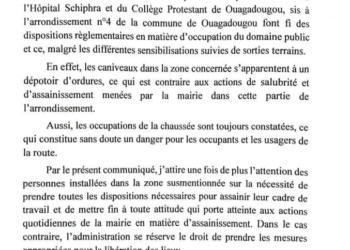 OUAGADOUGOU : LA MAIRIE DE L&rsquo;ARRONDISSEMENT 4 SOMME LES OCCUPANTS ILLICITES DE LIBÉRER LES ABORDS DE SCHIPHRA ET DU COLLÈGE PROTESTANT