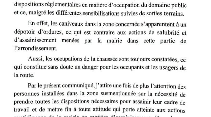 OUAGADOUGOU : LA MAIRIE DE L&rsquo;ARRONDISSEMENT 4 SOMME LES OCCUPANTS ILLICITES DE LIBÉRER LES ABORDS DE SCHIPHRA ET DU COLLÈGE PROTESTANT